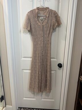 Vintage Joey Taupe Lace Button-Front Midi Dress